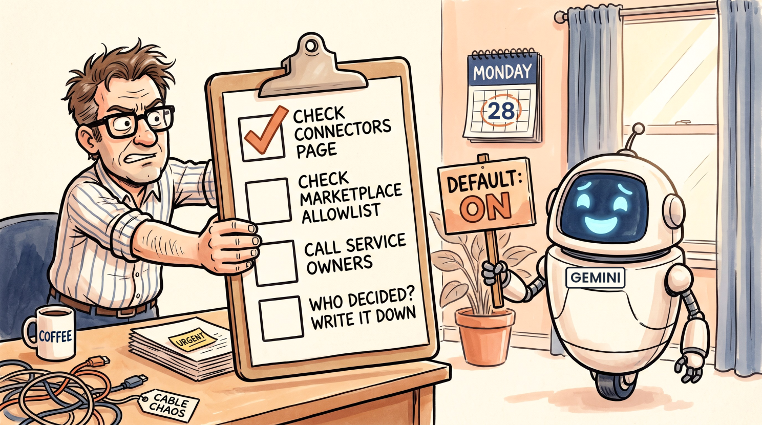 Cartoon of an IT admin holding a clipboard with four items: check connectors page, check Marketplace allowlist, call service owners, and who decided, write it down. A robot tagged Gemini stands beside him holding a sign reading Default: On.