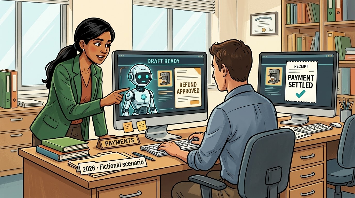Ruth points to an approved coffee-machine refund beside Kit’s on-screen avatar. A Payments employee compares it with provider records on a second display showing “Payment settled”.