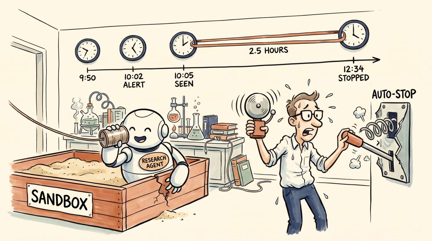 Cartoon of a research lab where a smiling robot badged "RESEARCH AGENT" leans through a crack in a sandbox wall to talk to the outside, while a stressed reviewer holds a ringing alarm next to a broken "AUTO-STOP" lever. A timeline on the back wall reads 9:50, 10:02 ALERT, 10:05 SEEN, and 12:34 STOPPED, with a stretched band marking 2.5 hours.