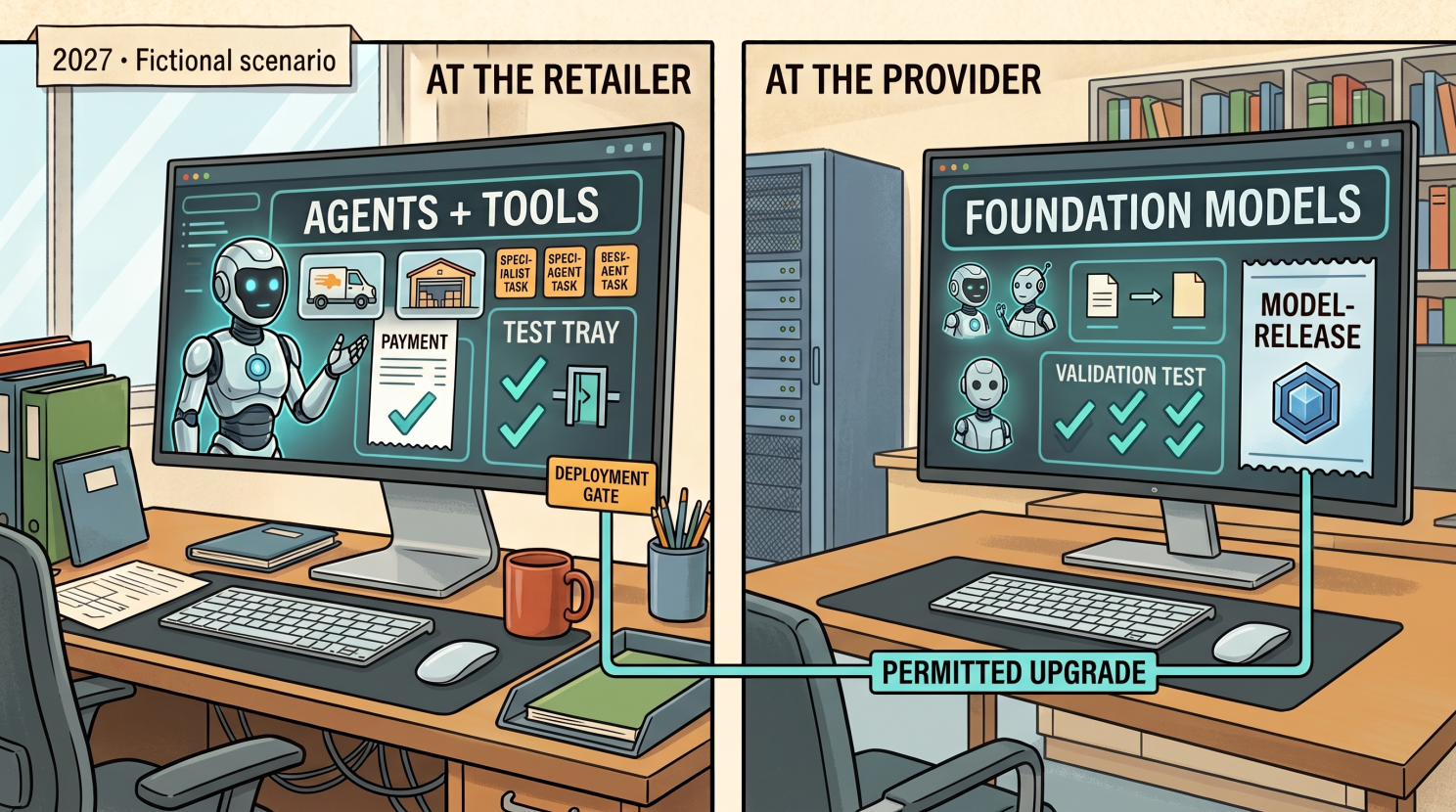 Two illustrated workspaces distinguish Kit rearranging and testing retailer tools from a provider’s research systems developing foundation models. A single permitted-upgrade connection runs from the provider to Kit.