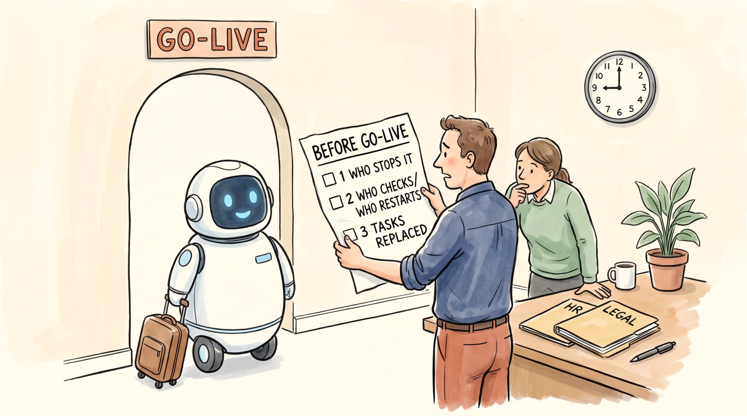 Cartoon of a business owner blocking an office doorway marked "GO-LIVE," holding up a deployment ticket headed "BEFORE GO-LIVE" with three lines: who stops it, who checks and who restarts, and tasks replaced. A smiling robot waits politely with a suitcase while a colleague with HR and Legal folders leans in to read.