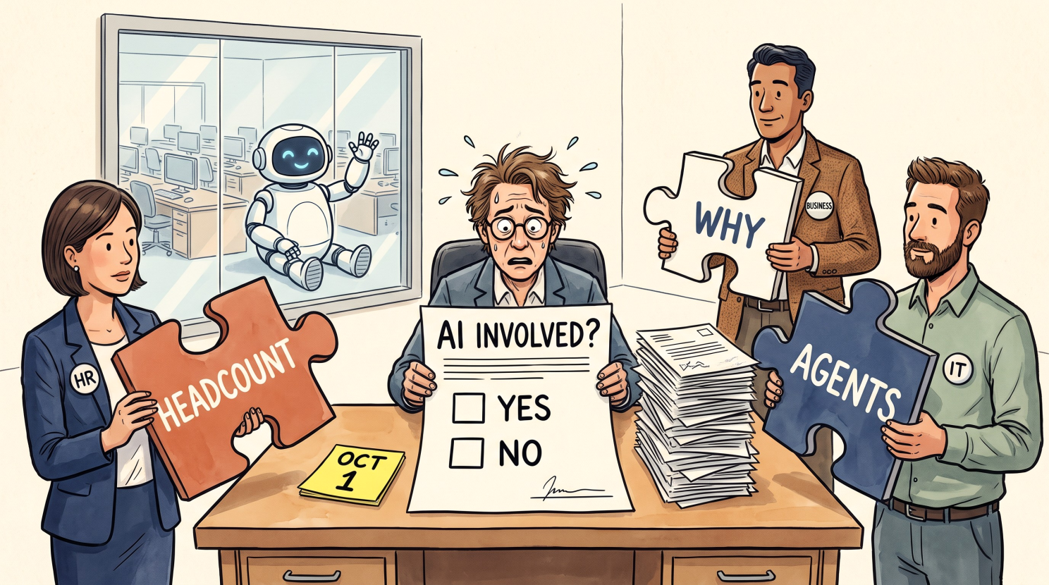 Cartoon of a stressed HR manager staring at a form headed "AI INVOLVED?" with empty YES and NO boxes and a blank signature line, a sticky note reading "OCT 1" and a pile of printed emails beside it. Three colleagues from HR, IT, and the business each hold a puzzle piece labeled HEADCOUNT, AGENTS, and WHY that don't fit together, while through the window a cheerful robot sits alone in a room of empty desks.