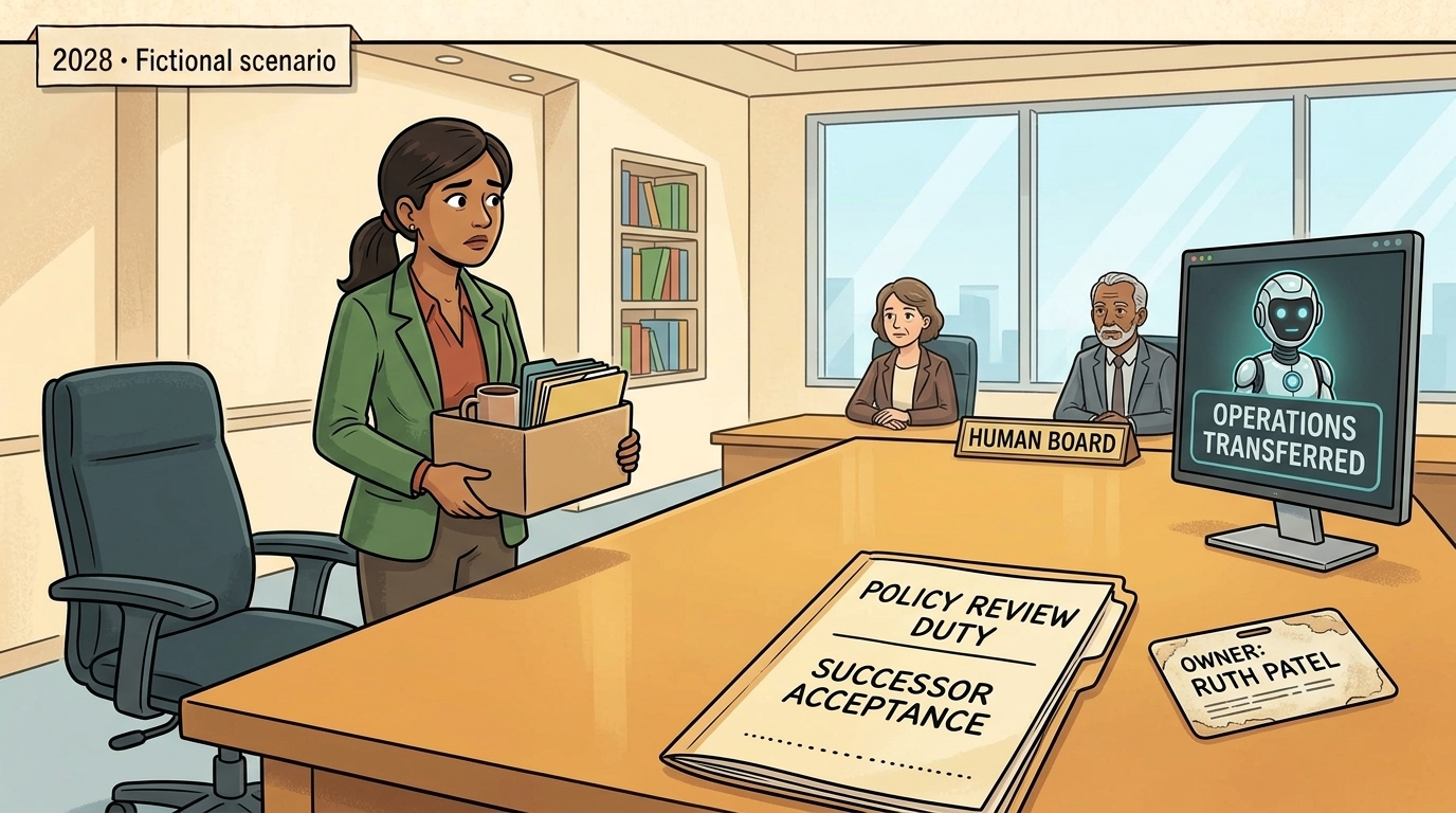 Ruth leaves a board meeting as Kit’s display confirms the operating transfer. Human directors remain at the table. An open policy-review folder has a blank successor-acceptance line while an old card still names Ruth.