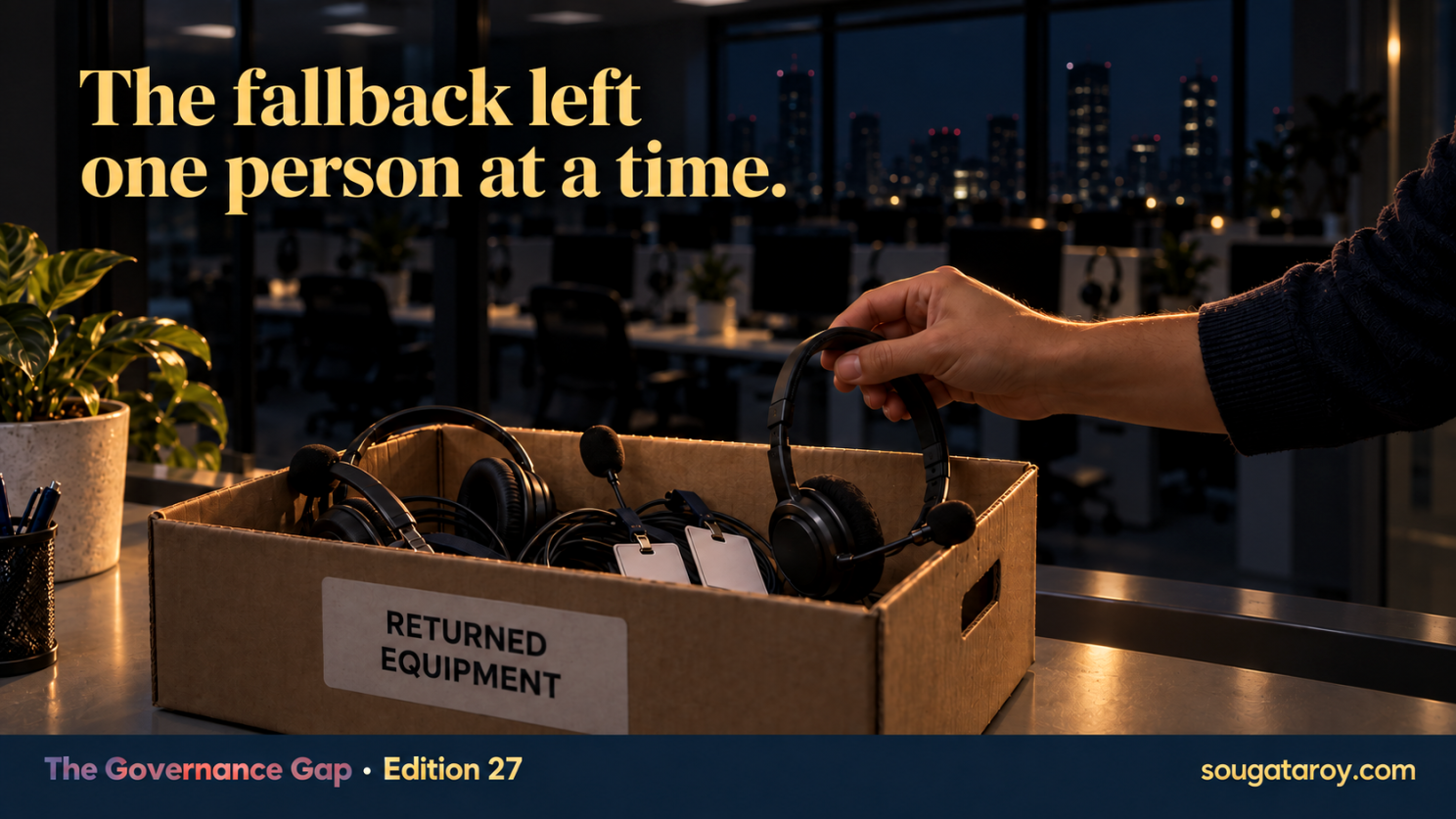 A hand places a headset into a box of returned headsets and access cards, with empty workstations behind it. Caption: “The fallback left one person at a time.”