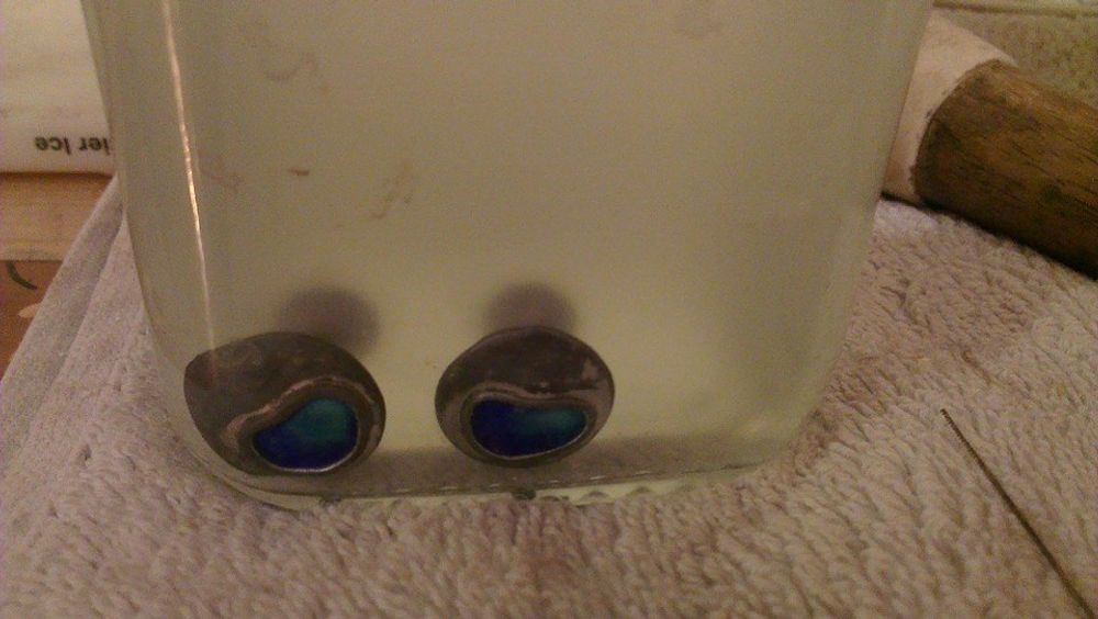 Silver and blue enamel cufflinks in safety pickle