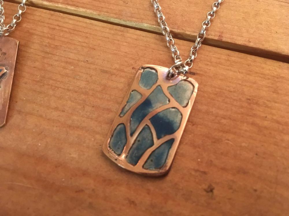 Copper prototype of dog tag pendant necklace