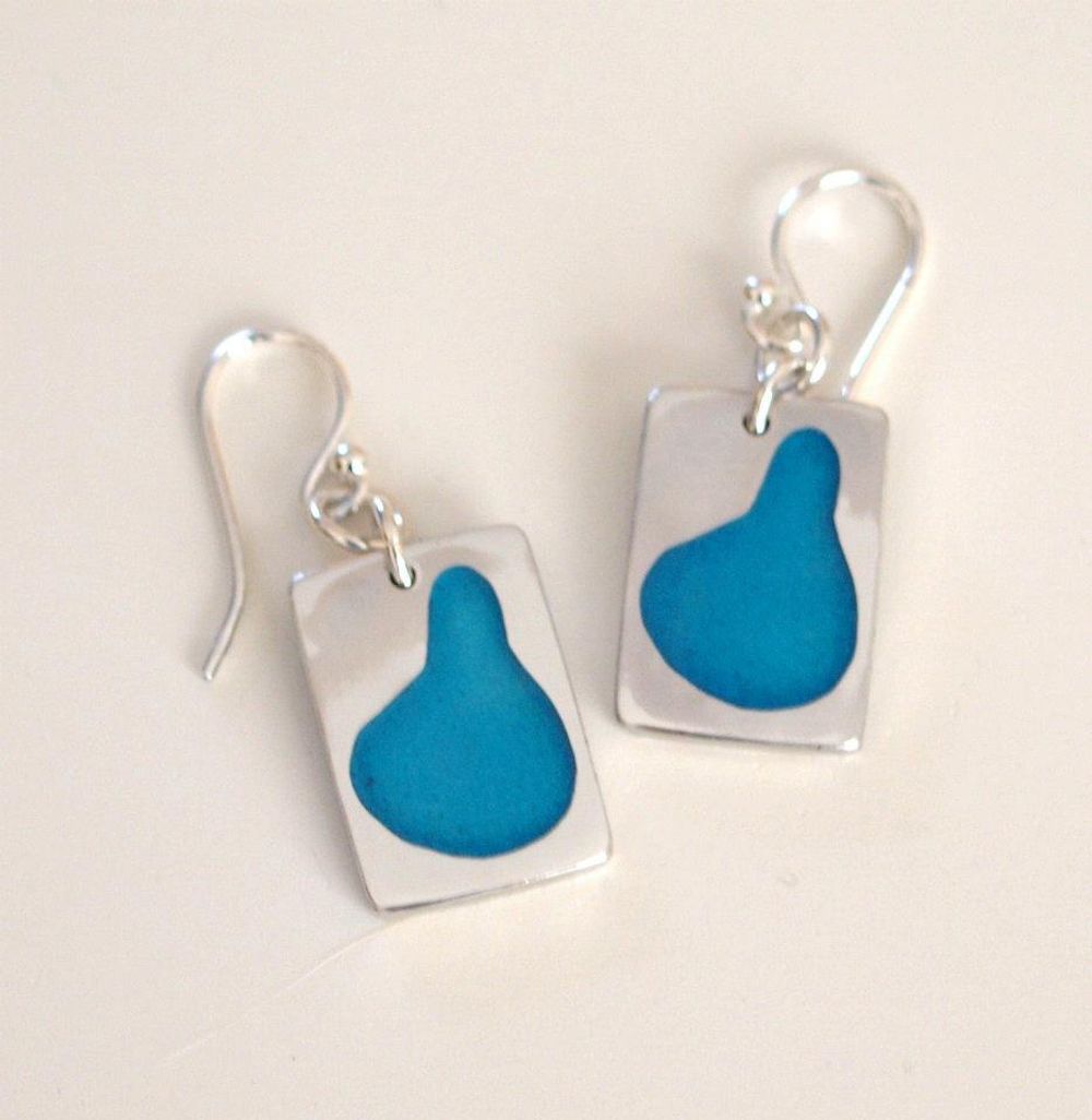 Silver and blue enamel pendant earrings