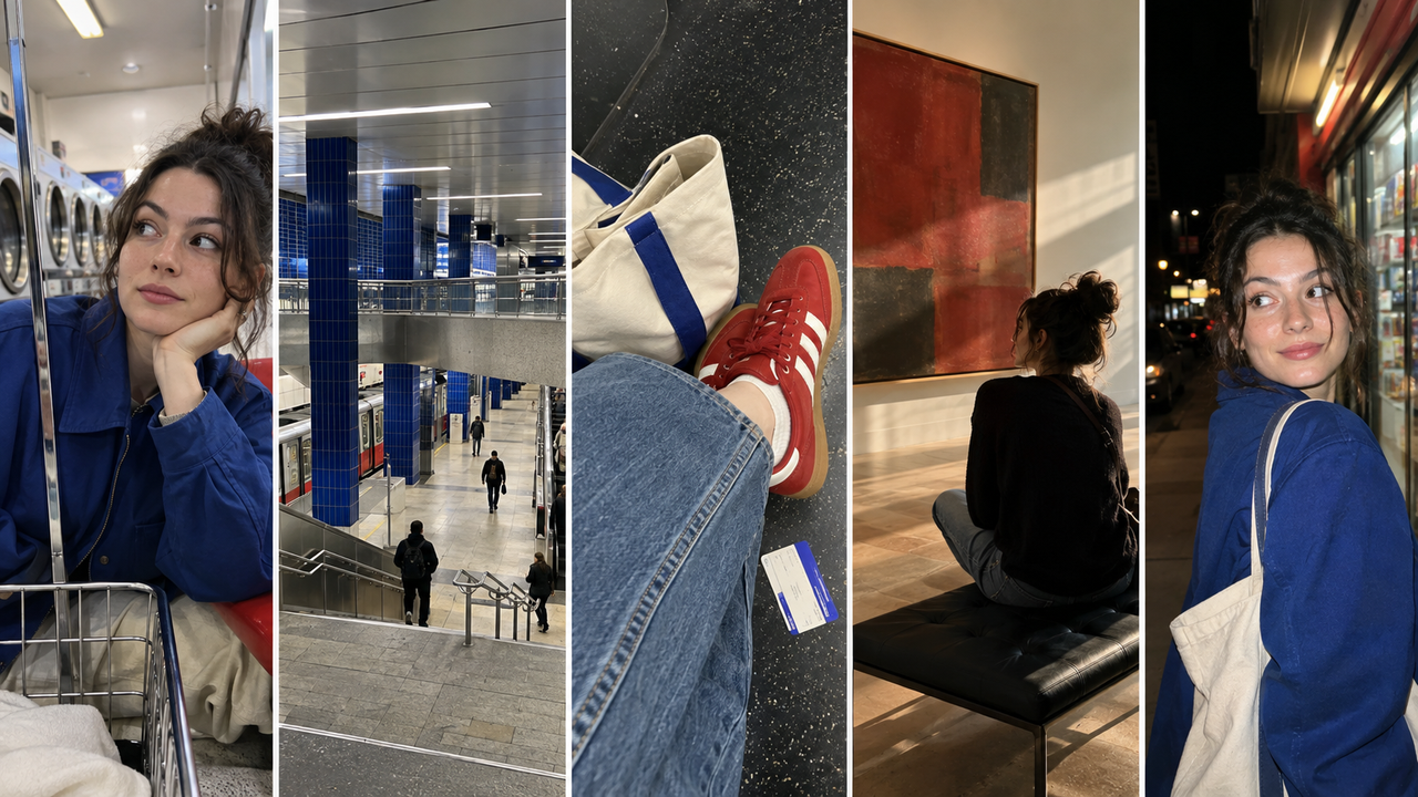 A cohesive photo dump can move from daylight to night when people, colors, details, and mood keep the story connected. AI-generated editorial illustration; not a WayShot product-output sample.