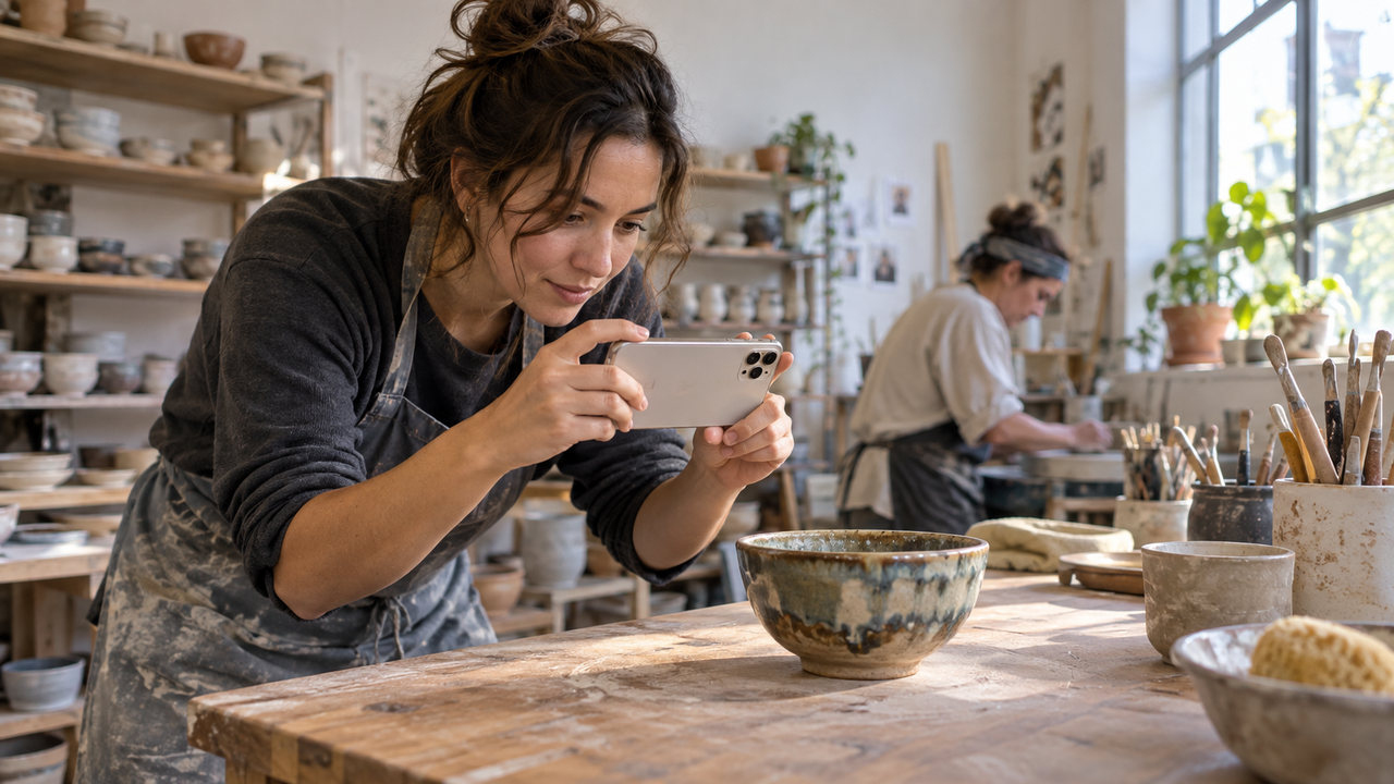 A woman photographs a handmade ceramic bowl with an iPhone in a sunlit community pottery studio.
