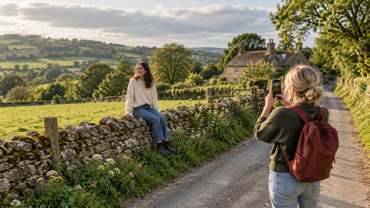 Two friends taking a smartphone portrait on a country lane beside green fields, a dry-stone wall, and a stone cottage in warm late-afternoon light.
