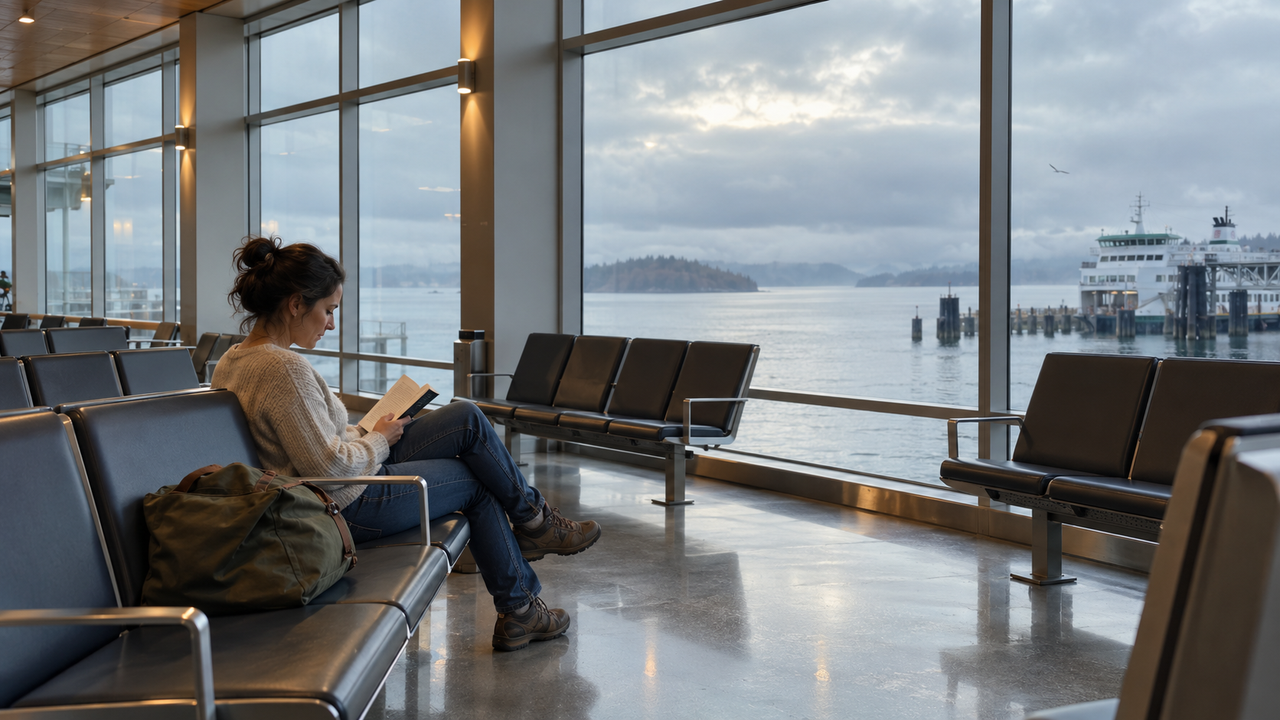 A traveler reading beside large ferry-terminal windows, with soft daylight, clean lines, and balanced indoor color in a natural iPhone photo.