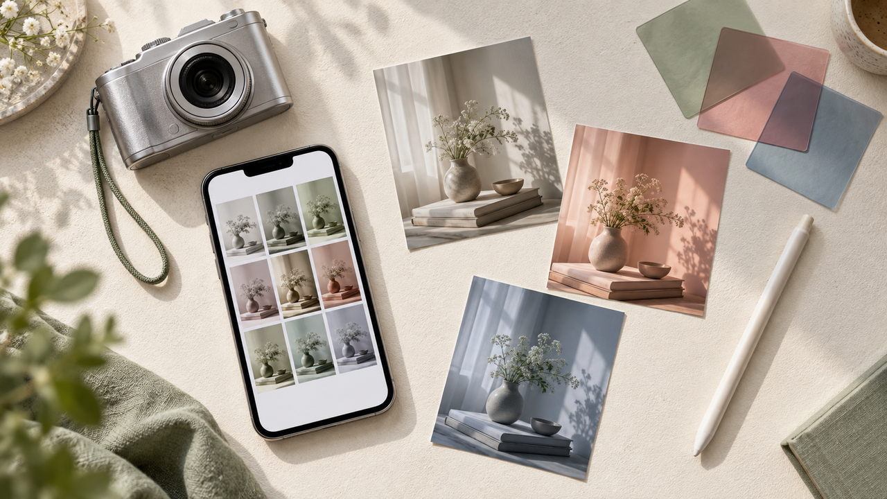 An overhead still life of a smartphone, a silver compact camera, three prints of the same scene in different color treatments, translucent filter swatches, and a stylus on a warm neutral desk.