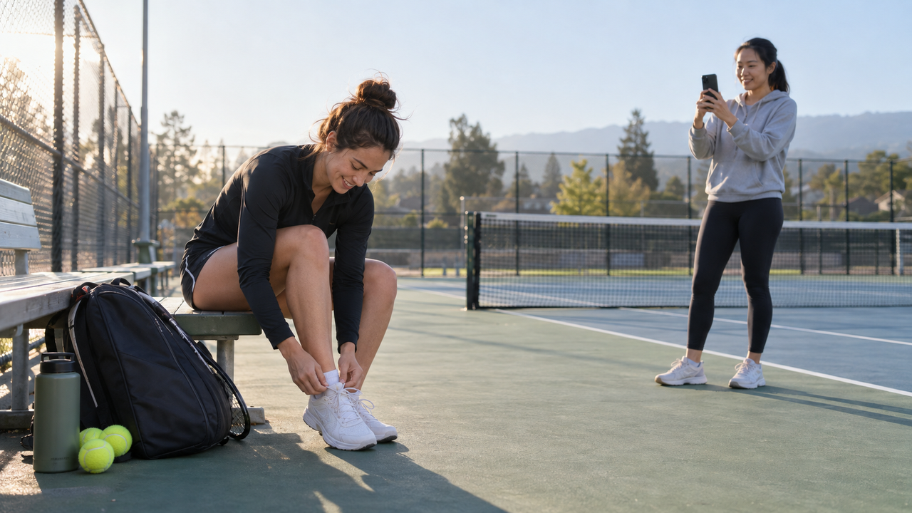 A woman photographs a friend preparing for a morning tennis match on a sunlit community court with an iPhone.