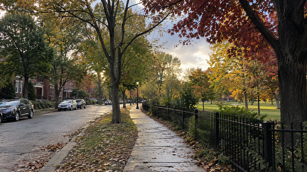 A neighborhood park keeps its full range of green, yellow, rust, and red instead of turning into one orange layer.