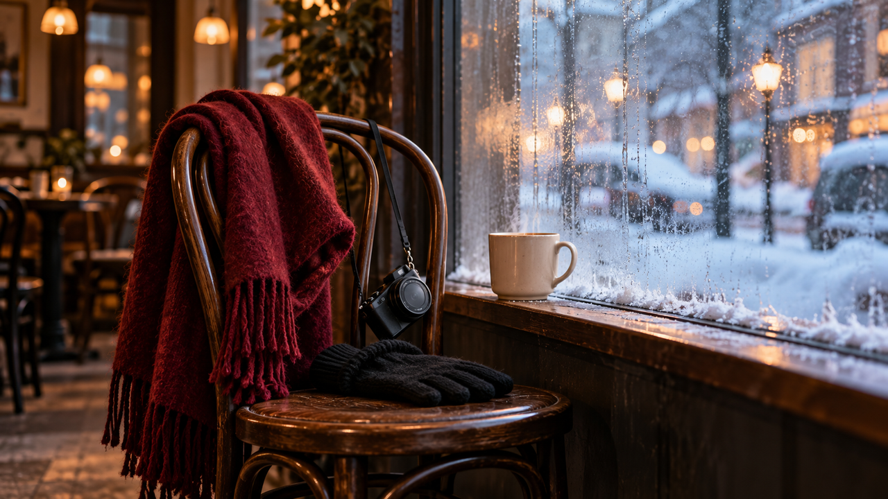 A cranberry scarf, black knit gloves, an unbranded compact camera, and a steaming ceramic mug beside a fogged café window, with warm indoor reflections and a snowy blue street outside.