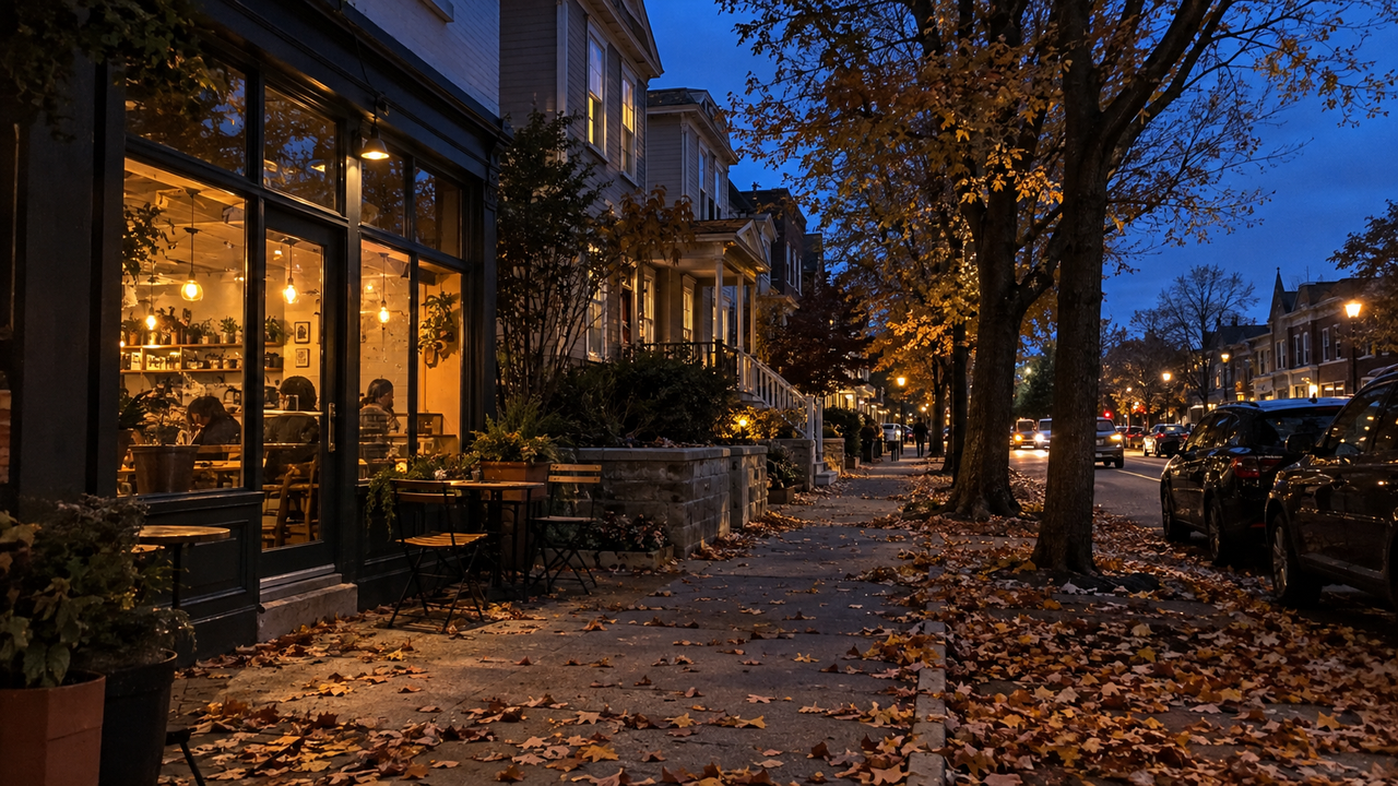 Warm café and street lights remain distinct against a blue-hour sky on a leaf-covered neighborhood street.