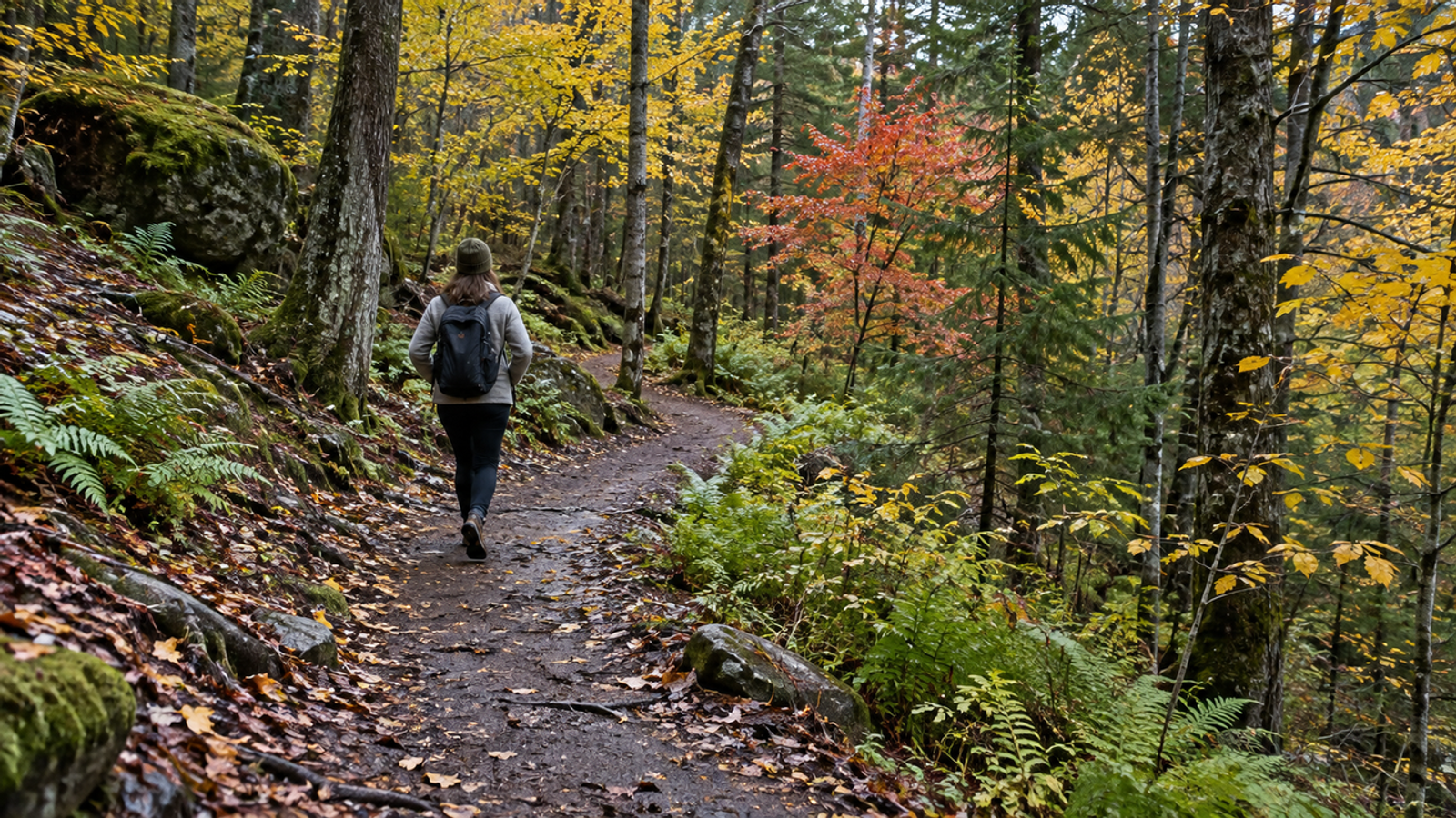 Editorial illustration — Autumn color feels richer when warm leaves remain balanced by green undergrowth, neutral bark, and the depth of the trail. Not a WayShot product result.
