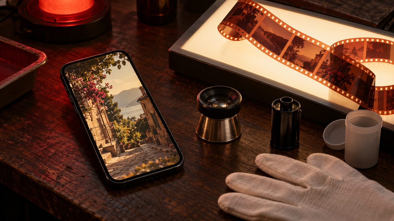 iPhone displaying a warm film-style travel photo beside 35mm film negatives, camera lenses, and darkroom equipment.