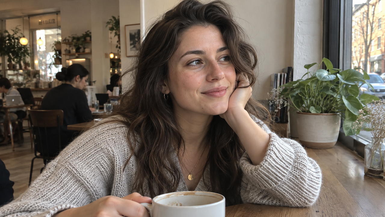 A window-lit café portrait keeps facial detail and the surrounding scene visible before any scene-level Style or local retouching decision.