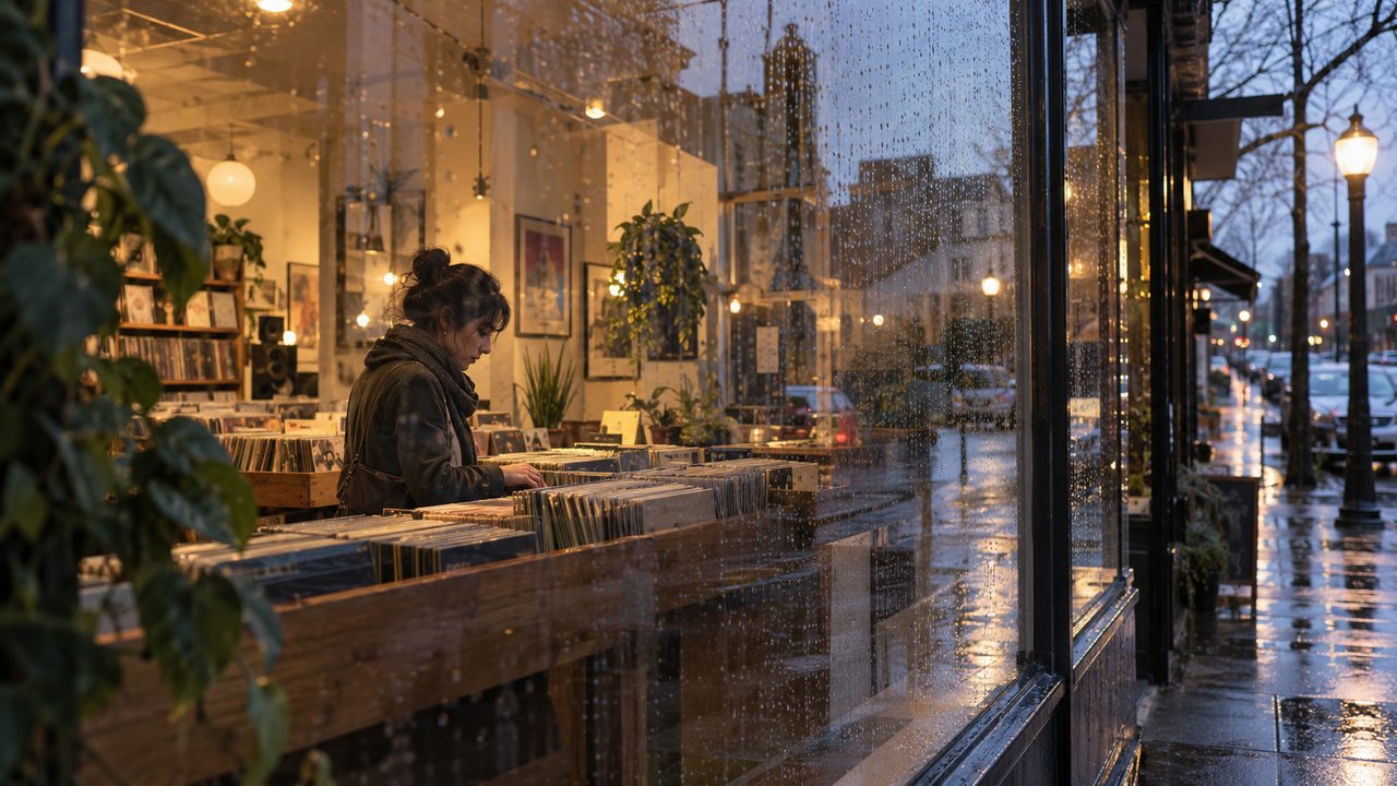 A person browsing records behind a rain-speckled shop window, with warm indoor light and cool street reflections creating a layered iPhone photo.