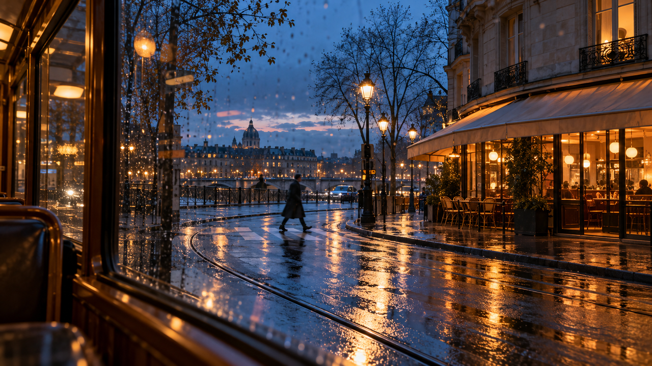 A blue-hour city street seen through a rain-speckled window, with warm café light, wet pavement reflections, and a distant pedestrian creating an atmospheric analog-inspired photography scene.