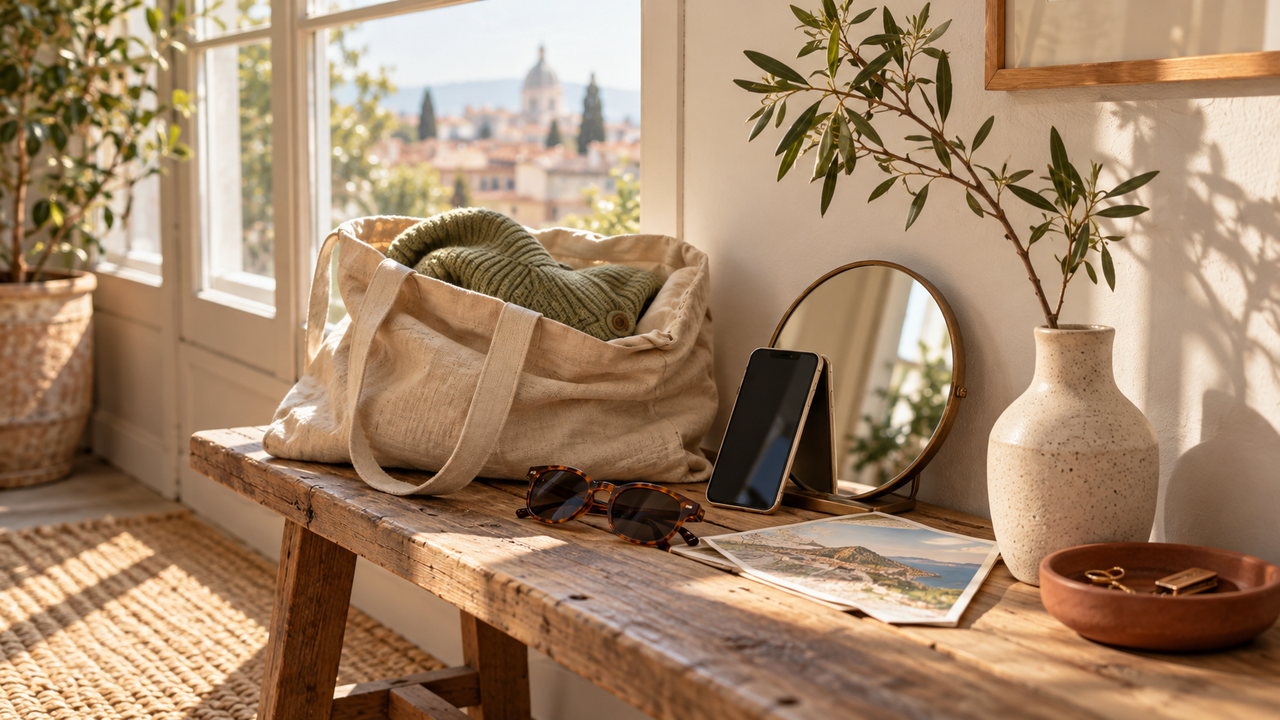A sunlit entryway bench with an unbranded smartphone, linen tote, cardigan, sunglasses, travel postcard, mirror, and ceramic vase, illustrating a cohesive Pinterest-style aesthetic for café, outfit, travel, and everyday iPhone photos.