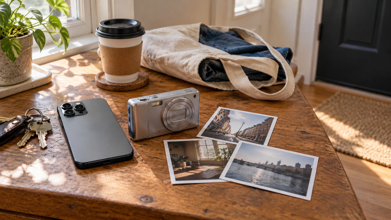 A horizontal editorial still life comparing an iPhone with a compact digital camera for everyday photography, surrounded by casual printed memories in natural window light.