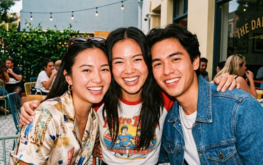 A close-up, candid outdoor shot of three young adults—two women and one man—smiling brightly and huddled together for a photo outside a café. The woman on the left wears a patterned silk shirt and sunglasses atop her head; the woman in the center wears a graphic ringer t-shirt; and the man on the right wears a denim jacket over a white t-shirt.