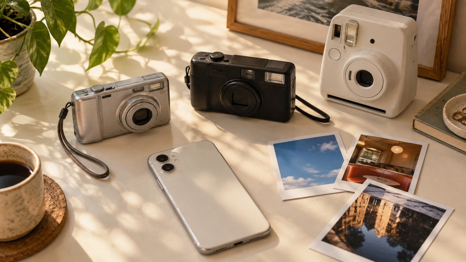 Unbranded vintage cameras, a face-down smartphone, and printed photos arranged on a sunlit table.