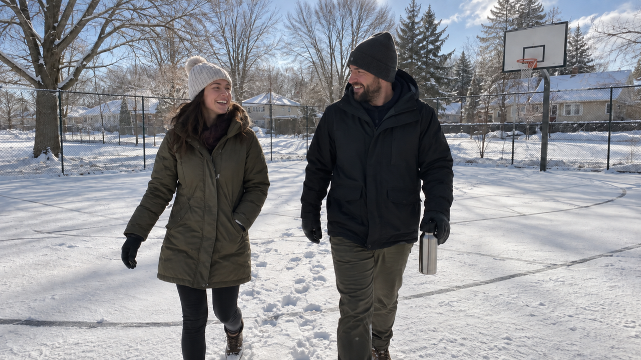 Bright winter sun keeps the snow textured while natural skin and dark clothing remain readable.