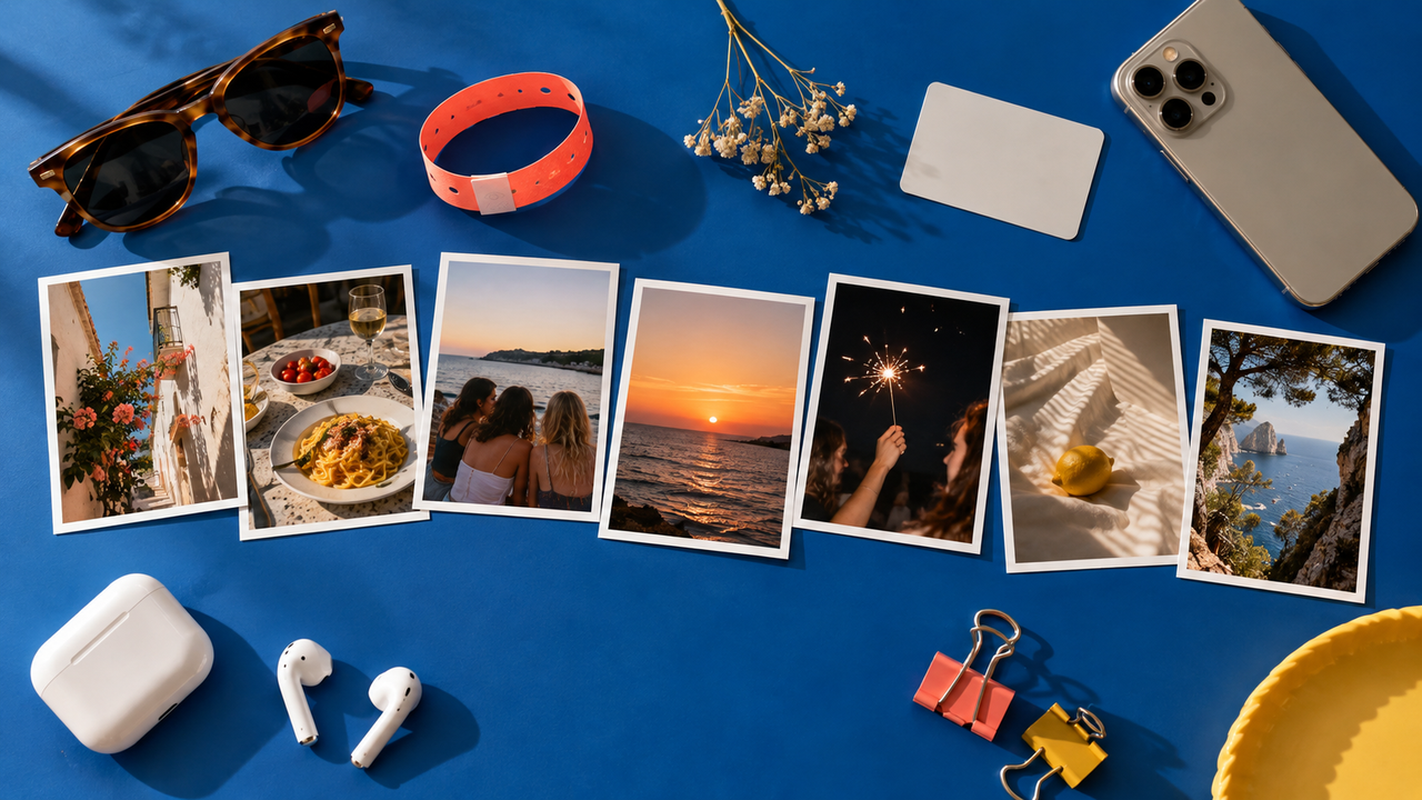 Seven printed photos from different moments of one week are arranged across a cobalt-blue editing desk with a phone, sunglasses, earbuds, a wristband, and small keepsakes, representing selection, sequencing, variety, and visual cohesion.