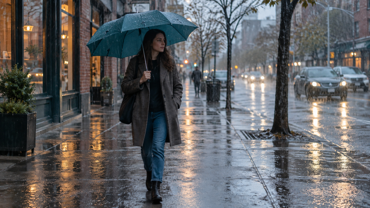 Wet surfaces, soft light, and a clear human subject make the weather part of the photograph.