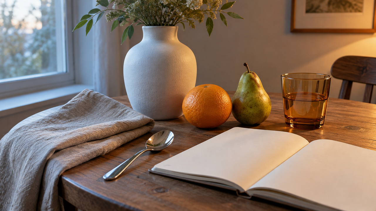 A white ceramic vase, amber glass, citrus fruit, green pear, chrome spoon, folded linen, and blank notebook arranged on a wooden table where cool window light meets a warm indoor lamp.