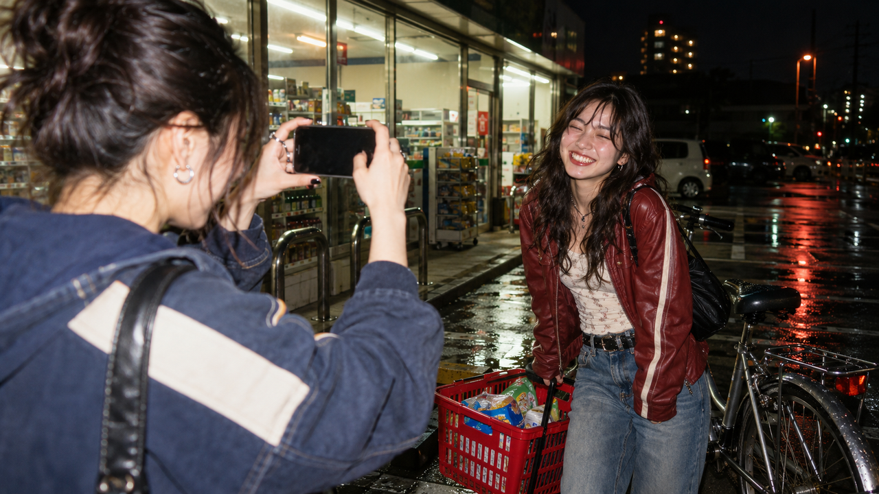 Two friends take a direct-flash smartphone photo outside a convenience store at night, with wet pavement and rich color creating a vintage point-and-shoot aesthetic.