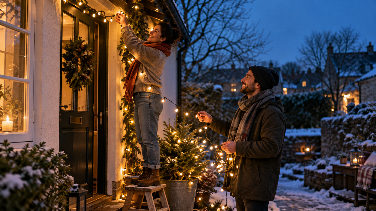 Two friends hang warm white holiday string lights around a snowy front porch at blue hour, with softly lit faces, distinct glowing bulbs, and a detailed winter neighborhood in the background.