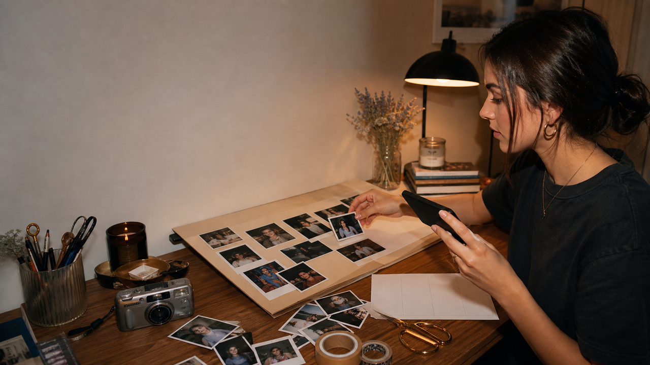 A content creator organizing printed polaroids and photo cards on a wooden desk