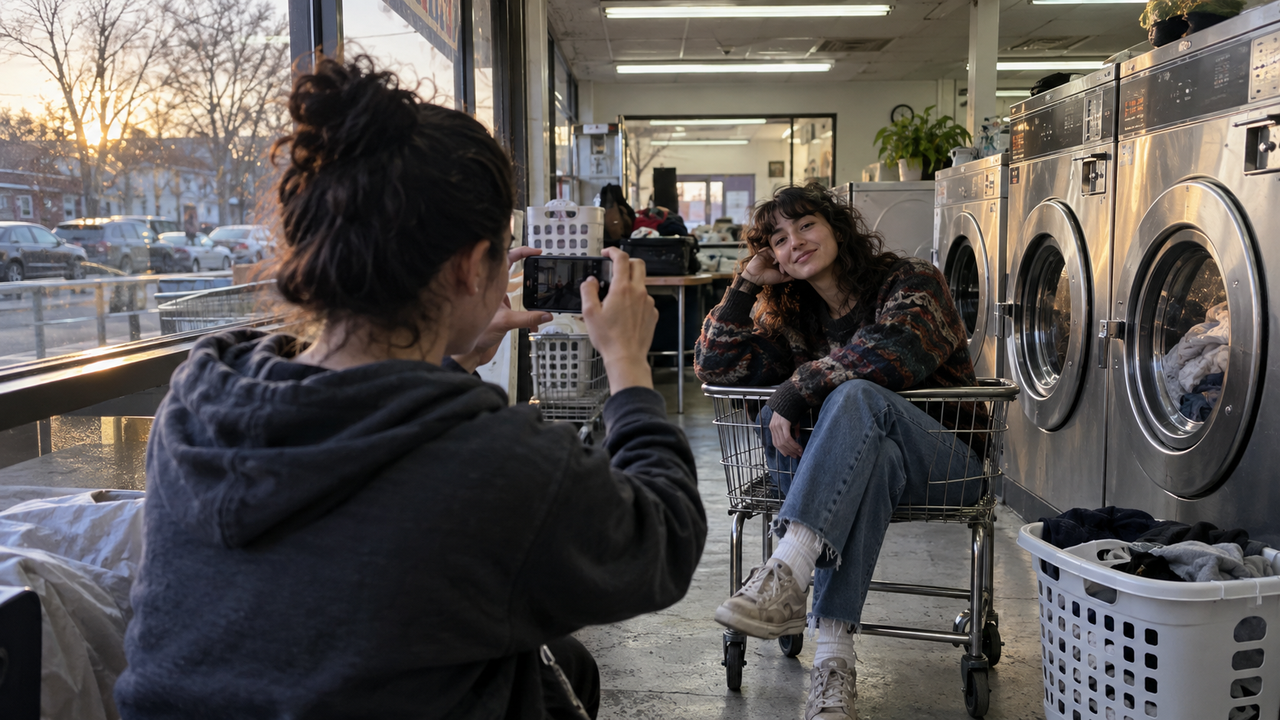 A person taking an iPhone portrait of a friend posing beside washing machines in a sunlit laundromat.