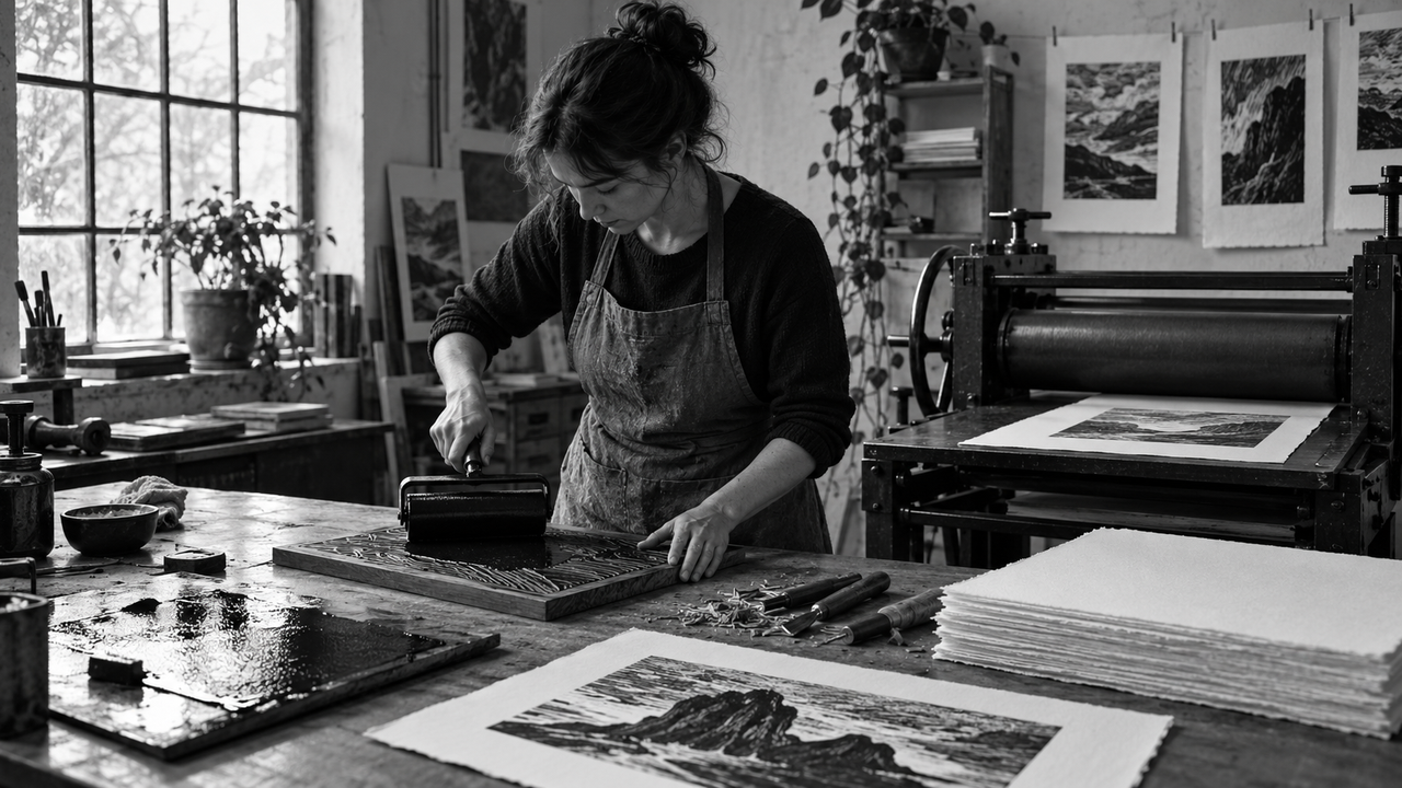 A printmaker rolls black ink across a carved block in a side-lit studio, surrounded