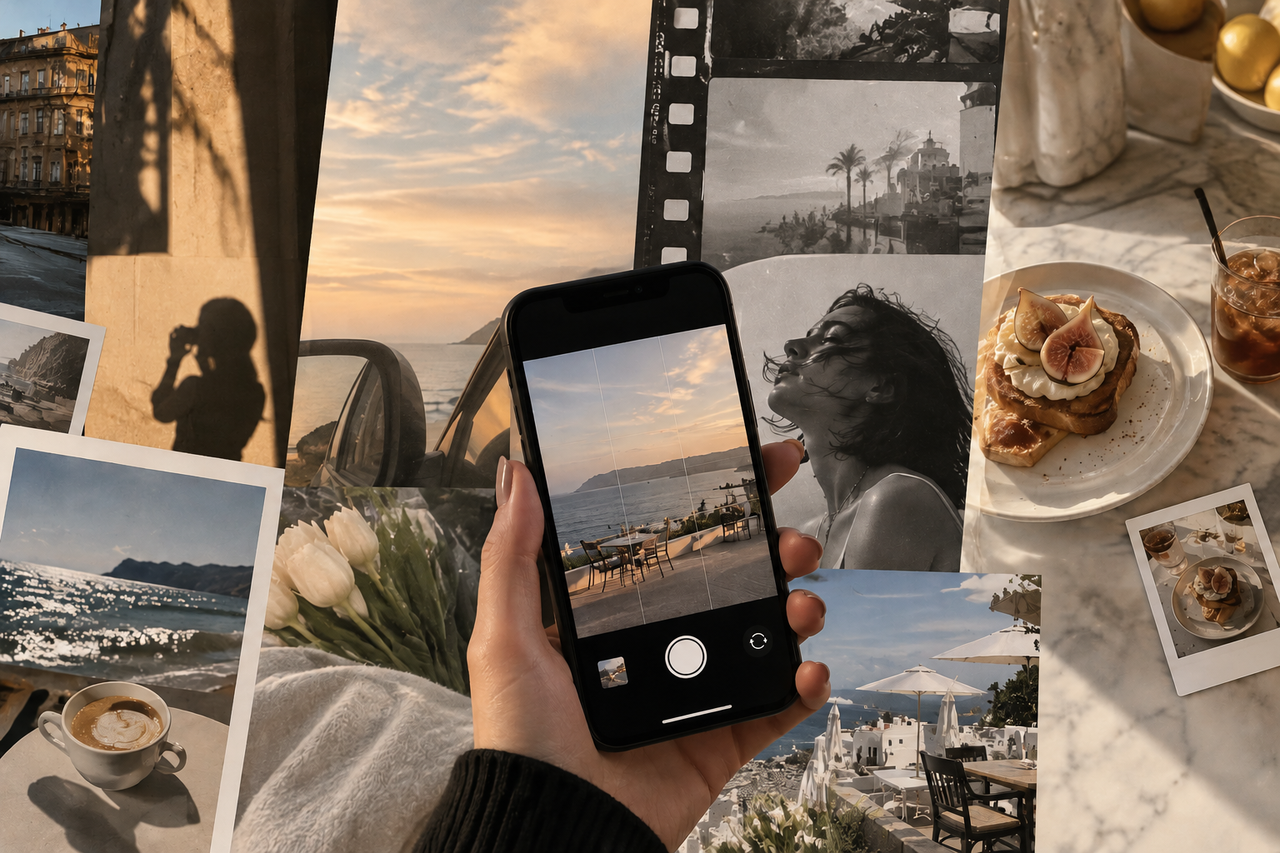 Collage of aesthetic iPhone photos featuring a seaside sunset, café food, portraits, flowers, and travel scenes for a 2026 camera app comparison.