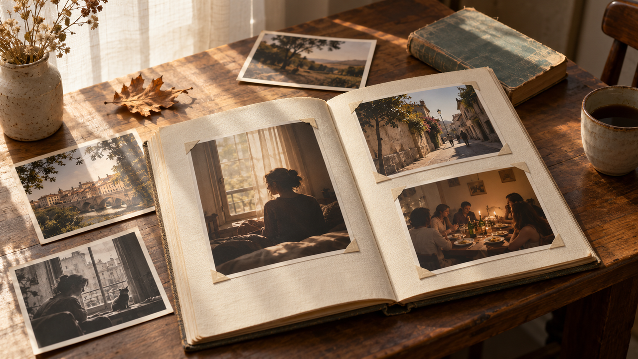An open linen photo album with warm daylight portraits, street scenes, dinner memories, and black-and-white prints on a sunlit wooden table, showing a natural vintage photography aesthetic without heavy grain.