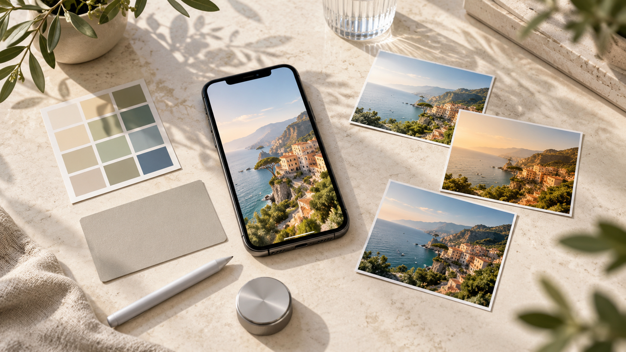 iPhone displaying an edited coastal travel photo beside printed images and color swatches, representing mobile photo editing apps.