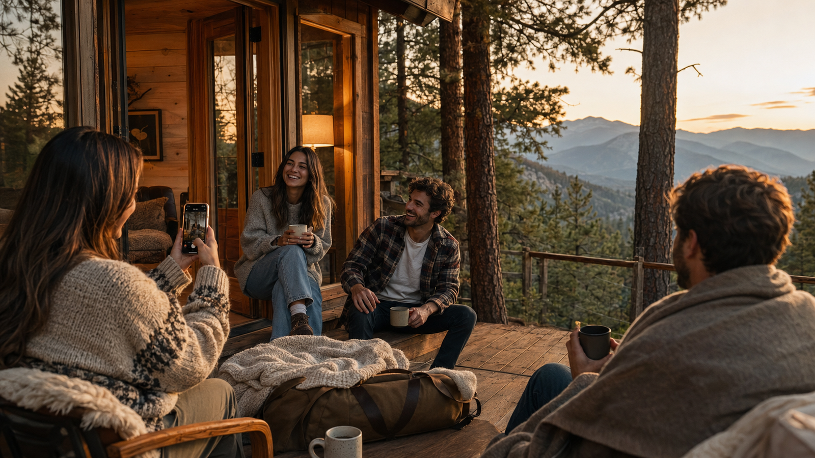 Group of friends enjoying a cozy autumn sunset on a rustic wooden cabin deck overlooking a mountain forest landscape. One person takes a photo with a smartphone while others chat and drink coffee. Perfect for cabin getaway blogs, fall travel guides, and outdoor lifestyle photography.
