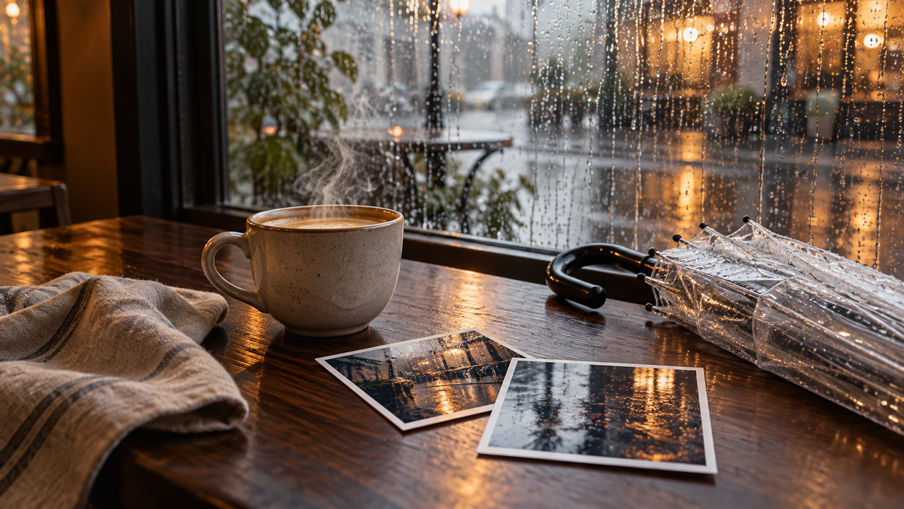 A steaming ceramic coffee cup, two rainy reflection photo prints, a clear umbrella, and a linen napkin sit beside a rain-streaked café window in cool gray daylight and warm amber reflections.