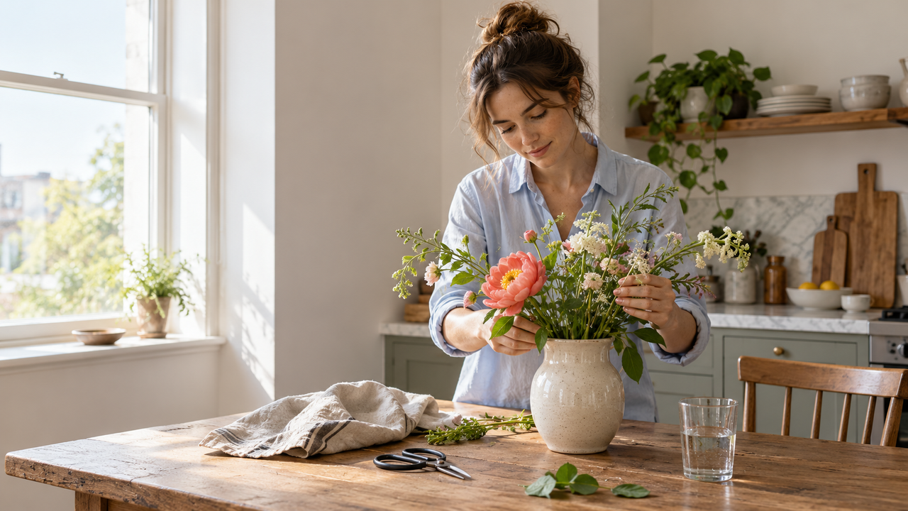 A woman arranges coral and white flowers in a ceramic vase at a sunlit wooden kitchen table, with natural skin texture, neutral colors, and a clean lifestyle photography aesthetic.
