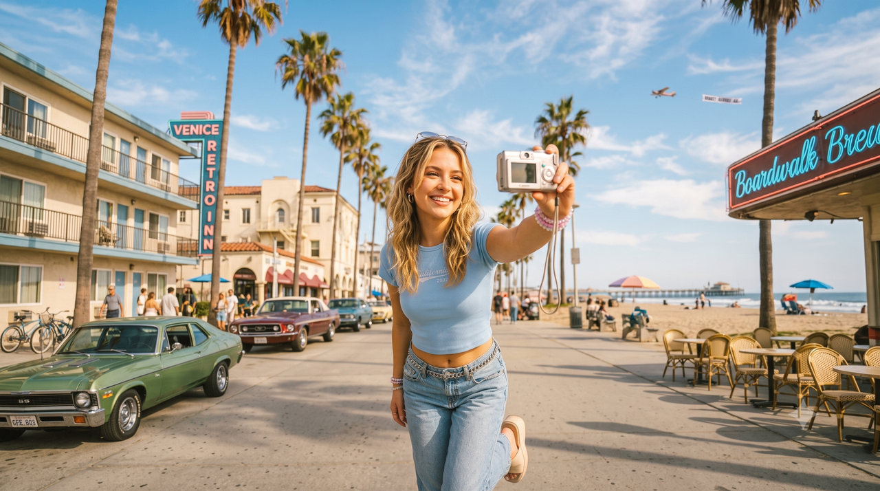 A vibrant, sunny photograph captures a smiling young woman on the Venice Beach boardwalk. She is holding a silver digital camera at arm's length to take a selfie. The background is filled with classic California palm trees, the iconic Venice Retro Inn sign, a sandy beach with umbrellas, and parked vintage American muscle cars. A banner plane flies overhead in a clear blue sky. The scene evokes a nostalgic, retro vacation atmosphere.