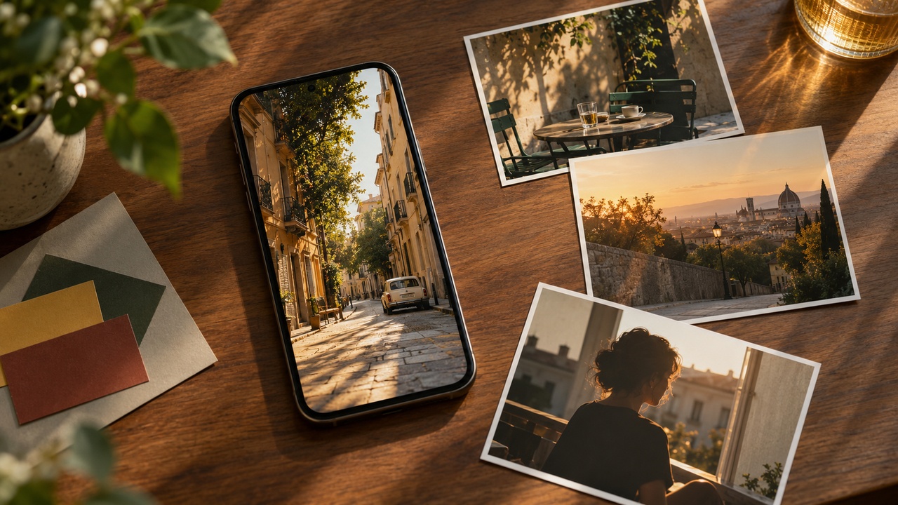 A modern smartphone beside warm-toned photo prints and color cards on a wooden table, illustrating realistic film-inspired color on iPhone without scanning physical film.