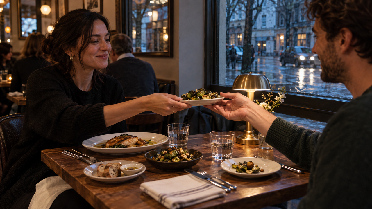 A complete dining photo keeps the food, light, table details, and human interaction in the same story.