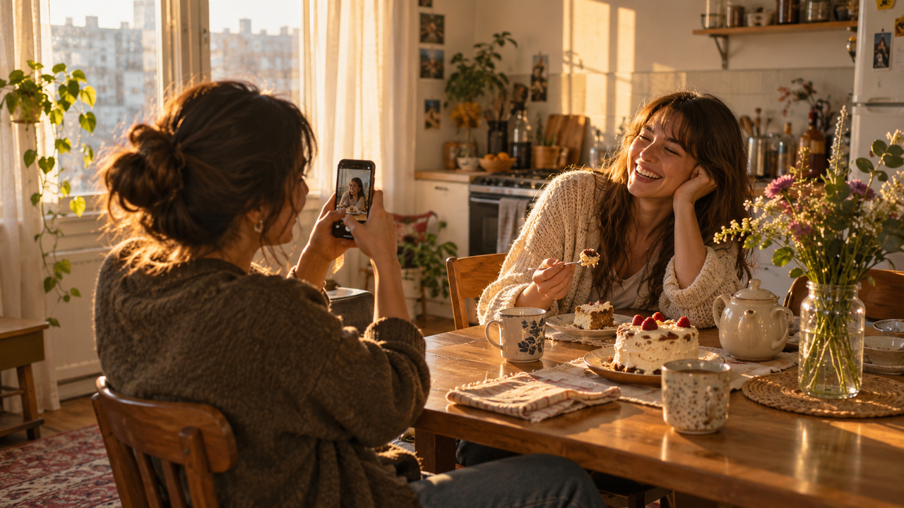 Two friends share cake and tea in a sunlit apartment while one takes a candid smartphone photo, creating a warm, nostalgic everyday-memory aesthetic.