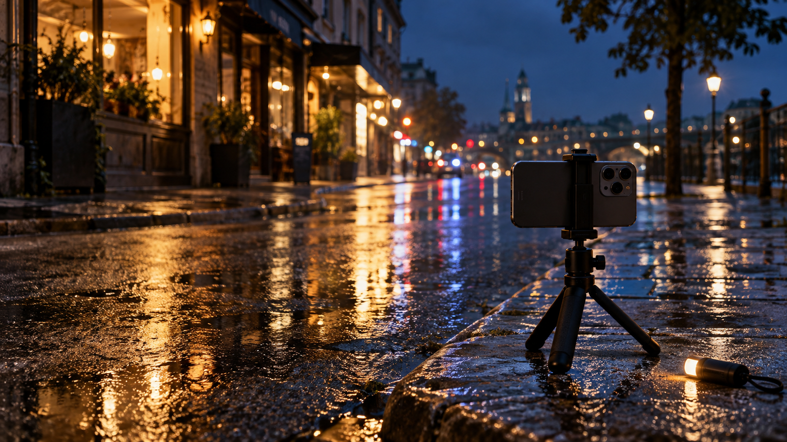 An unbranded iPhone on a compact tripod faces a rain-wet city street at blue hour, where warm storefront lights and cool street reflections show the mixed lighting common in low-light photography.