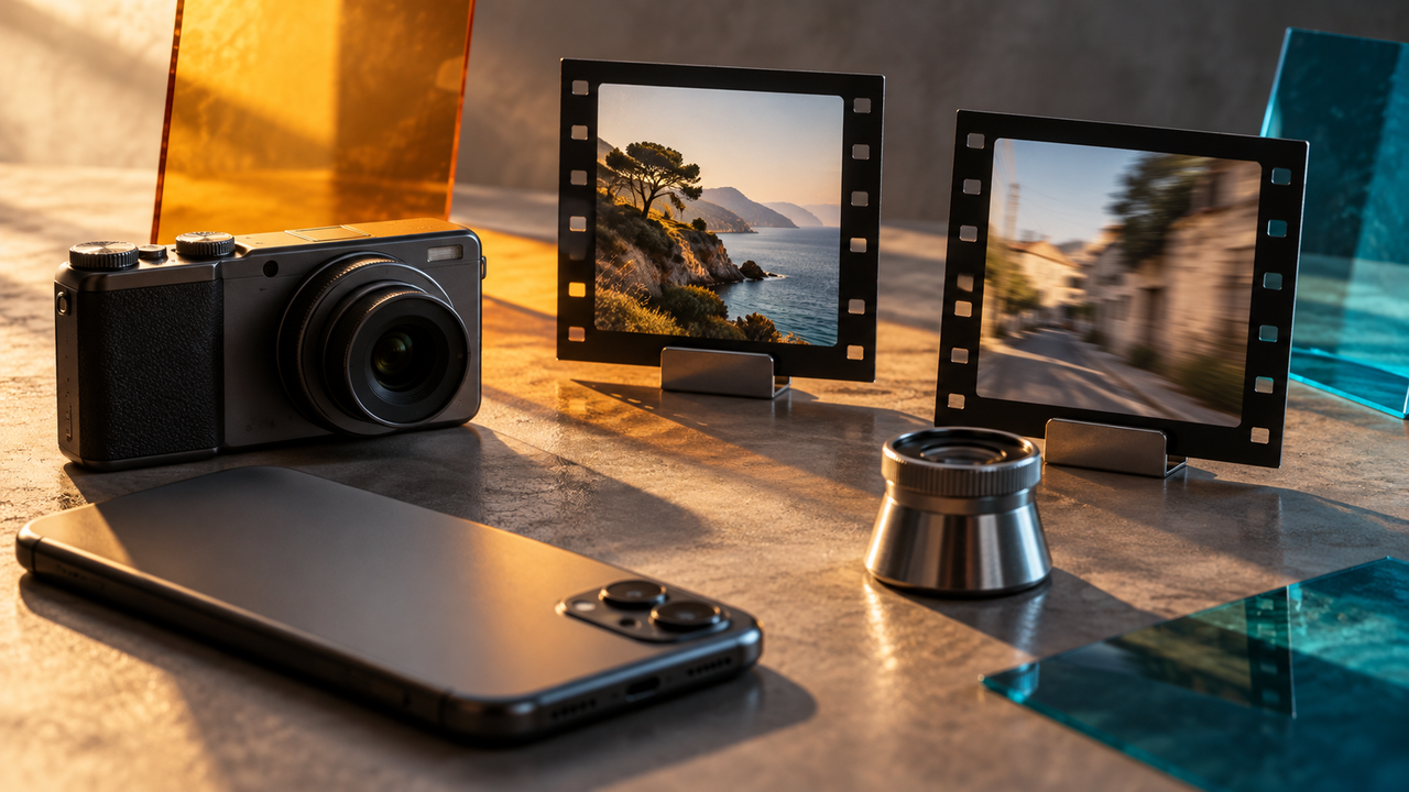 An unbranded compact camera and a face-down smartphone sit beside two mounted photographic transparencies—one sharp and richly colored, the other visibly motion-blurred—while amber and cyan photo gels cast restrained color across a warm-gray studio surface. The scene represents WayShot’s ability to shape color, mood, and camera character without implying that missing detail can be recovered.